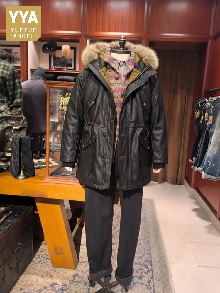 Winter Mens Luxury Retro Cowhide Hooded Jacket Warm Windproof Black Real Leather Overcoat Loose Male Mid-length Pocket Jackets