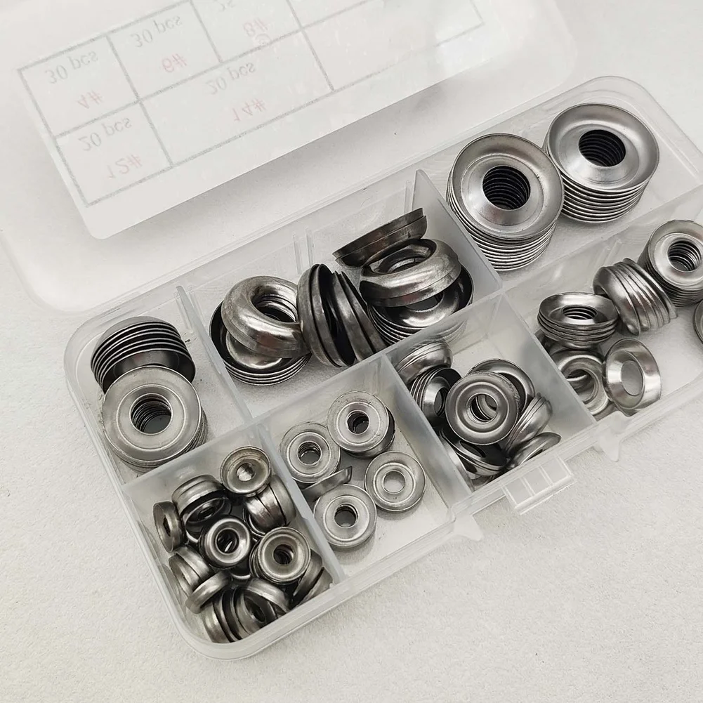 Stainless Steel Fisheye Washers 170 pcs 304 Material 4# to 16# Sizes Concave Convex Design for Hardware Accessories