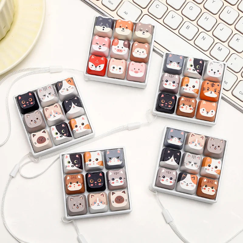 9 Grid Cute Cat Mechanical Keyboard Kawaii Keycap Keychain Creative Fidget Toy Stress Anxiety Relief Toy Bag Pendant Gifts