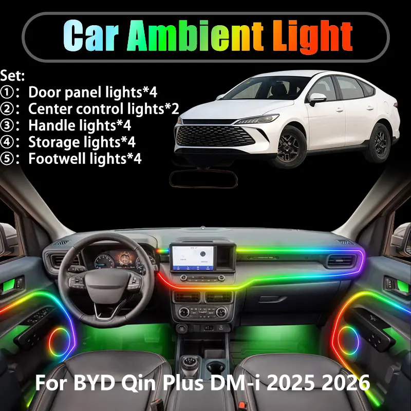 

Для BYD Qin Plus DM-i DMi 2025 2026 2/18 в 1, автомобильное окружающее освещение, светодиодный багажник, внутренние светодиодные фонари, USB RGB, ансамбль, стример, авто