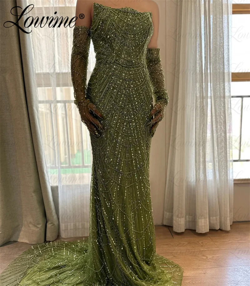 Heavy Beads Green Party Dress Wedding Engagement Gowns With Gloves Aso Ebi Strapless Formal Party Second Reception Evening Dress