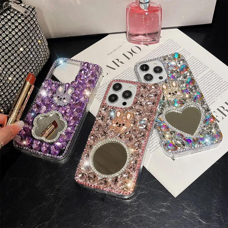 Bling Diamond Cute Rabbit Case for iPhone 11 12 13 14 15 Pro Max XR XS 7 Plus Glitter Rhinestone Mirror Makeup Luxury TPU Cover