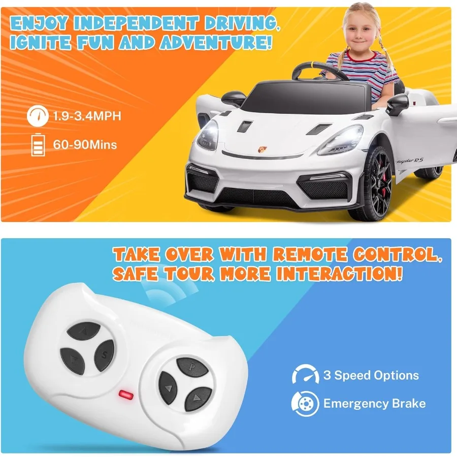 รถยนต์ไฟฟ้าสำหรับเด็กแบบมีใบอนุญาต พร้อมรีโมทคอนโทรล ของเล่นขี่ได้ 12 โวลต์สำหรับเด็กเล็ก รถยนต์ไฟฟ้าพร้อมล้อพ่วง