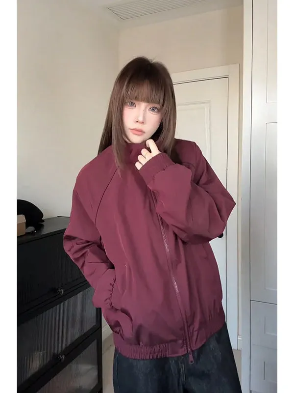 Cleanfit American Style Retro Wine Red Men's Jacket Spring Deconstructed Three-Proof Stand Collar Pilot Jacket Polyester Fiber