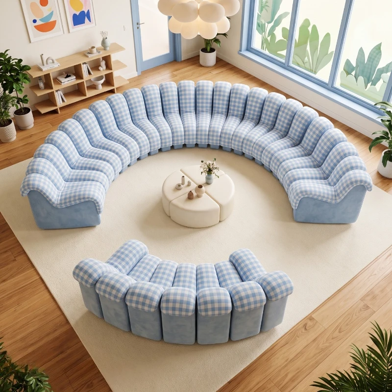 Blue modern fabric sofa, simple curved module, dopamine blue checkered manpod, living room sofa