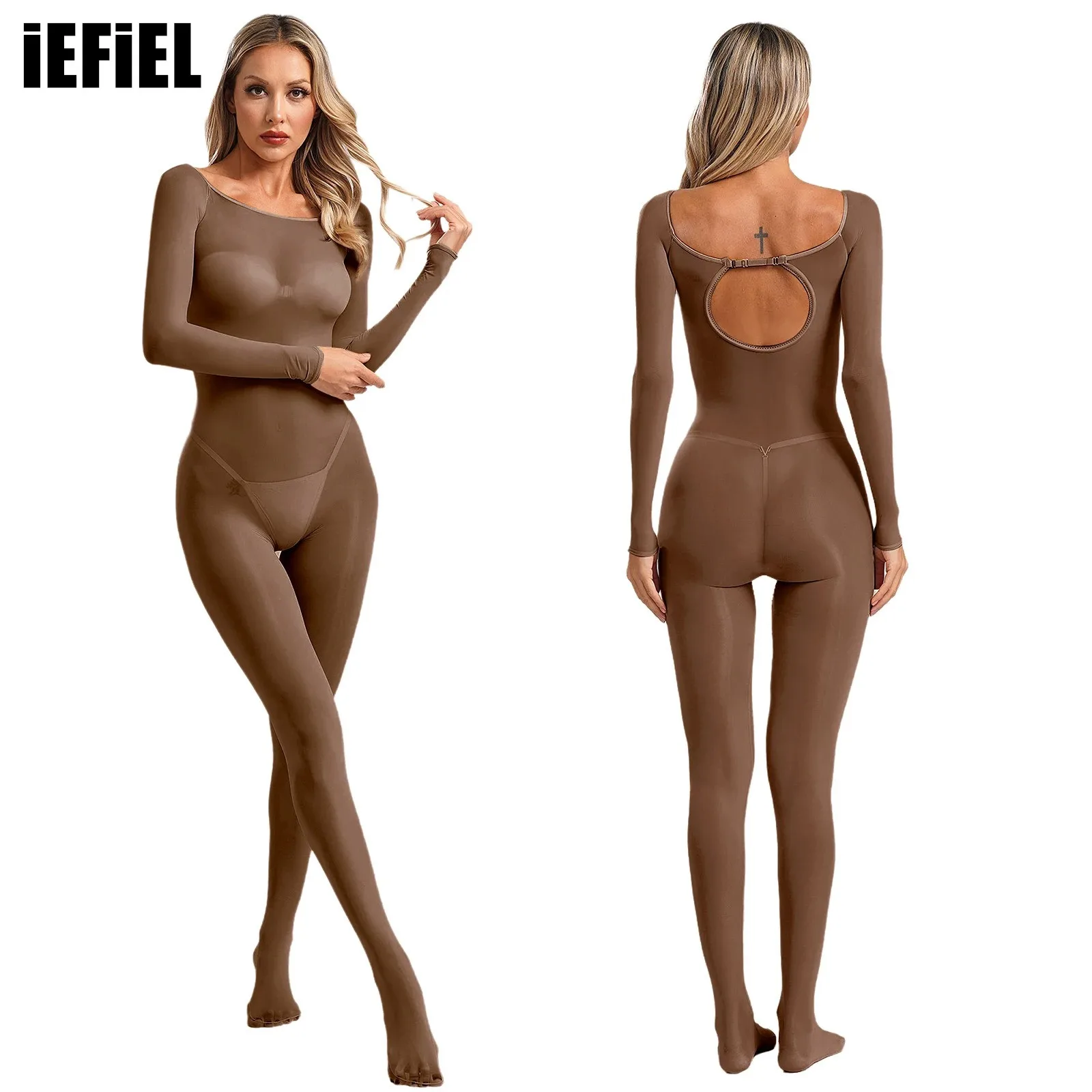 

Womens Glossy Sexy Bodysuit Unitard Off Shoulder Long Sleeve Back Key Hole Bodystockings One-piece Jumpsuit Lingerie Nightwear
