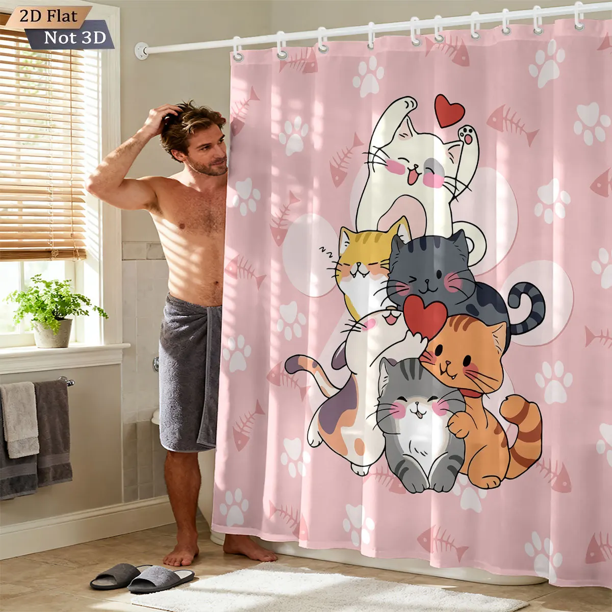 Cute Cats Shower Curtain, Kawaii Cat Stack Design for Kids & Teens, Soft Waterproof Bathroom Decor, Cozy Pet Lover Gift Idea