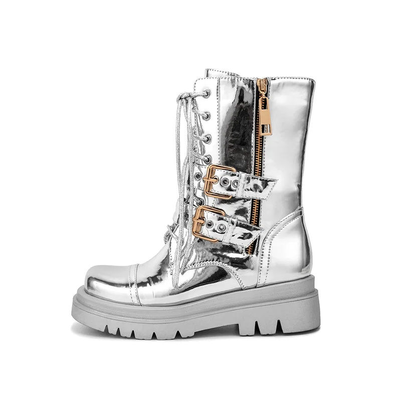 2026 Silver Belt Buckle Cross Strap Rhinestone Short Boots Casual Motorcycle Thick Sole Knight Boot Women Winter Silver Shoes