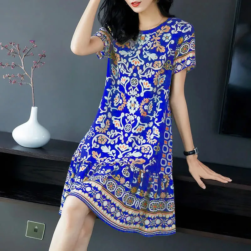 

2024 Printed Round Neck Imitation Ice Silk Loose Casual 5/4 Sleeve Mid Length Summer Slimming Dress For Women