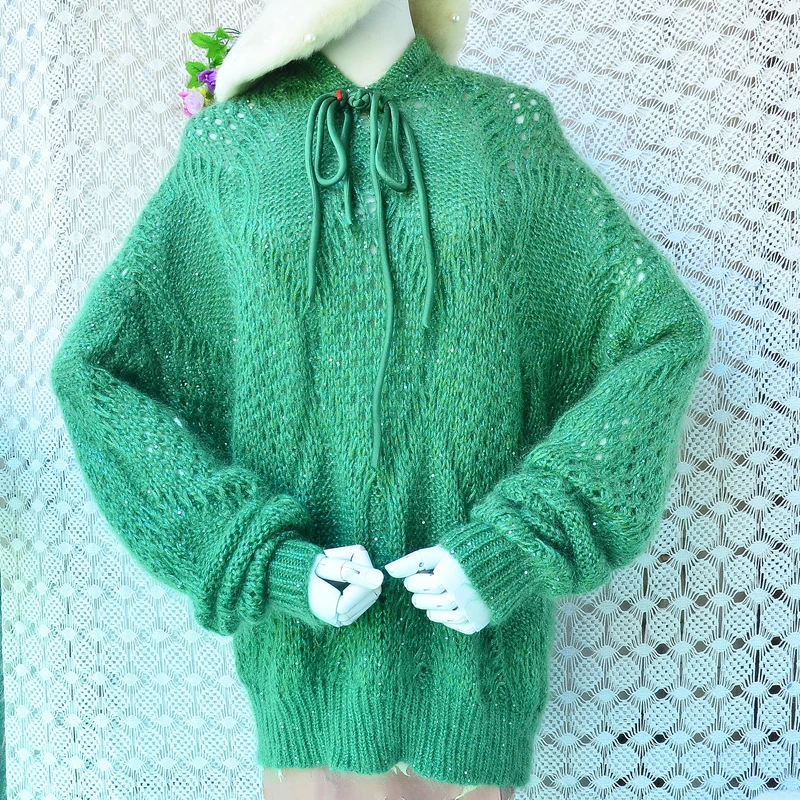 

Women Mujer Spring Autumn Fashion Tied Hairy Soft Mohair Wool Knitted Hooded Long Sleeves Loose Pullover Sweater Jumper Pull Top