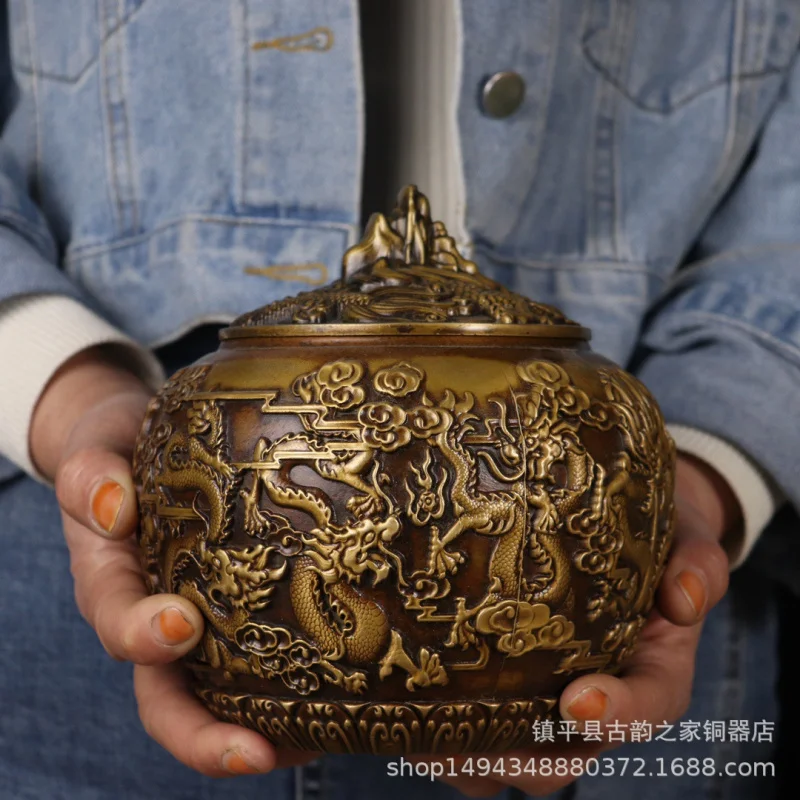 Pure Copper Tibetan Sutra Paper Color Nine Tea Canister Ornament Craft Gift Brass Dragon Cylinder Living Room Sh