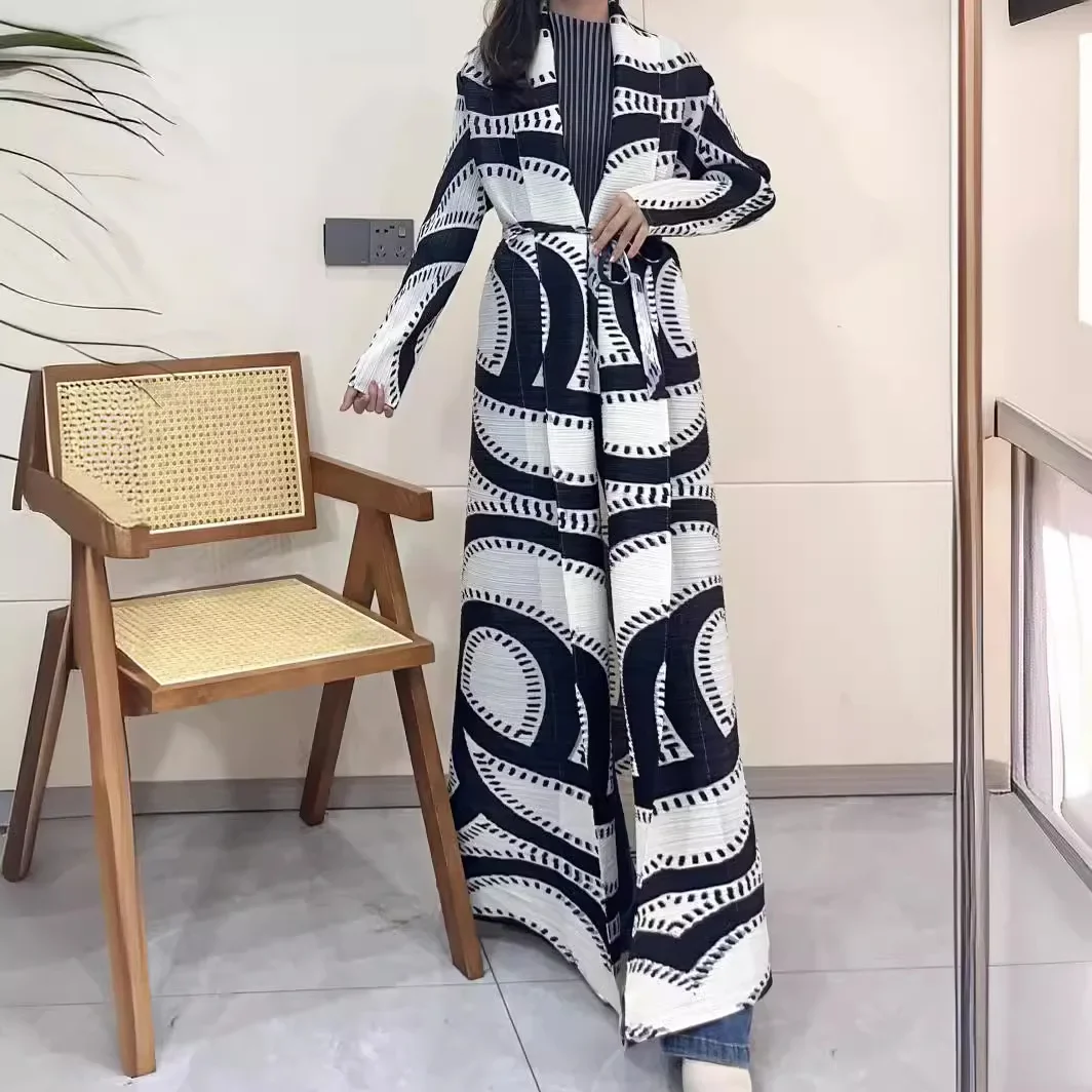 Miyake Pleated Turndown Collar Vintage Printed Long Sleeve Dress Women 2024 New Original Designer Abaya Fashion Classical Coats