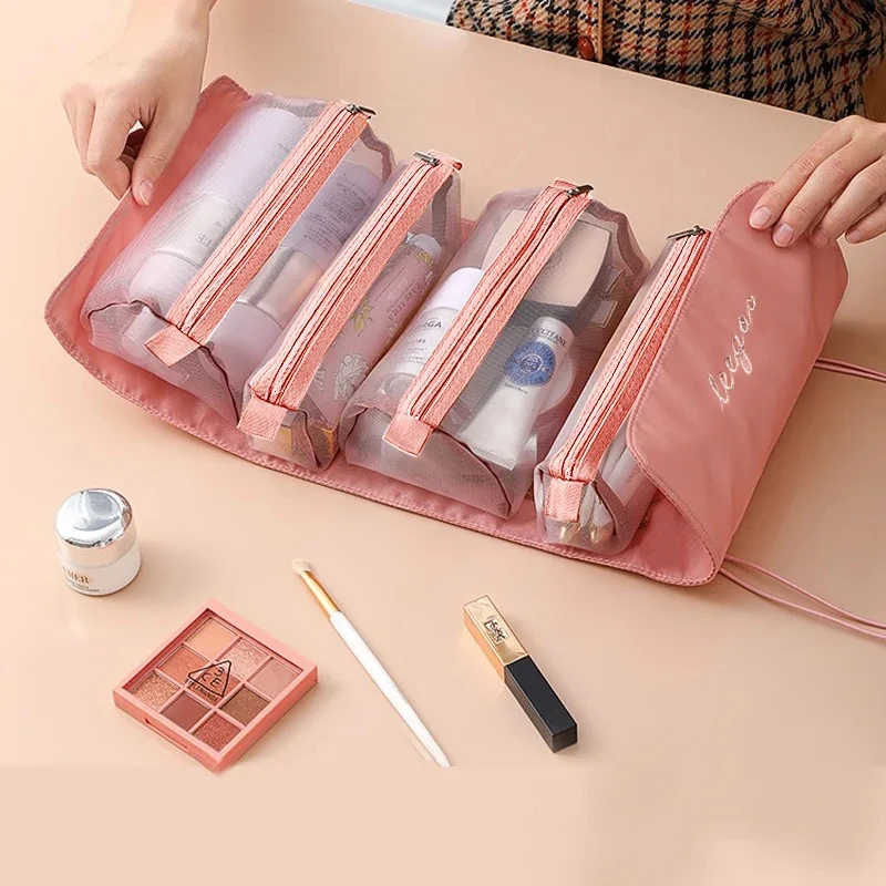 4Pcs In 1 Detachable Makeup Bag Women Zipper Mesh Large Capacity Cosmetics Pouch Foldable Portable Travel Wash Storage Bag