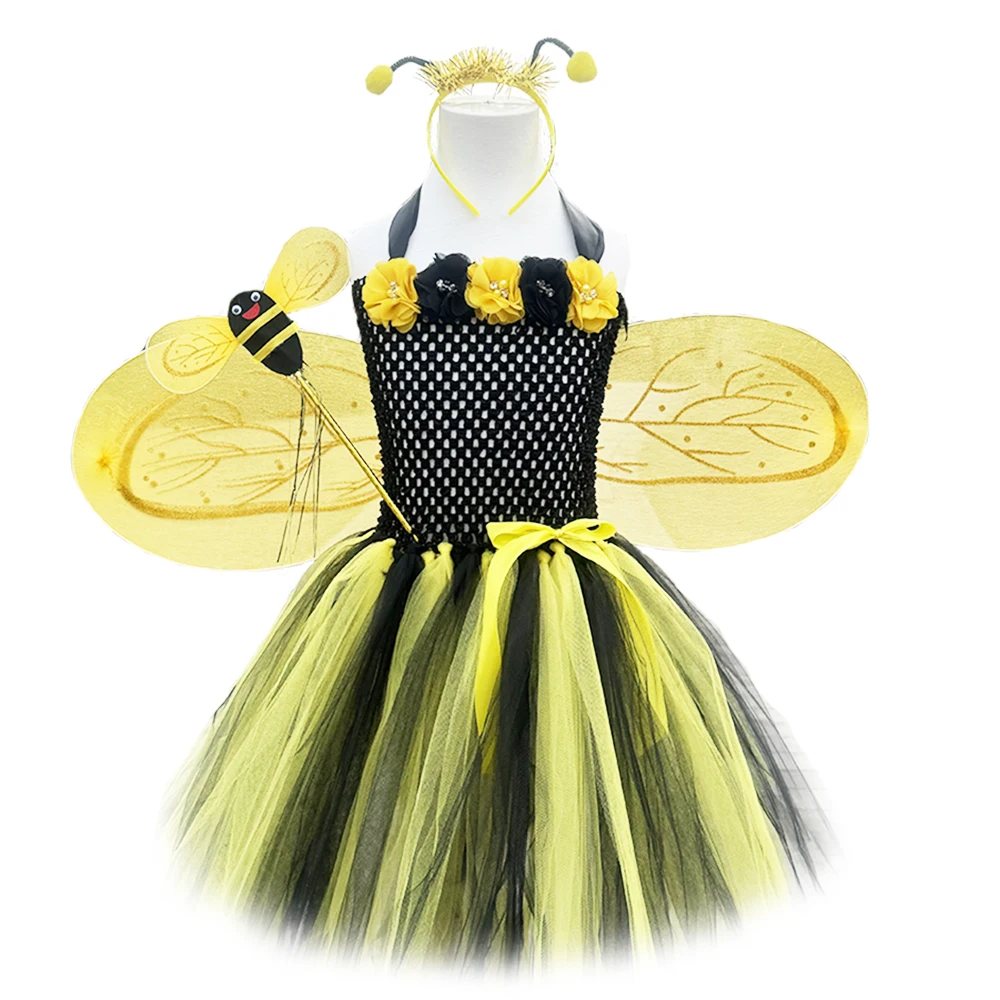 Flowers Honeybee Costumes for Baby Girls Bumble Bee Cosplay Dresses with Wings Set Kids Halloween Outfit Birthday Party Clothes