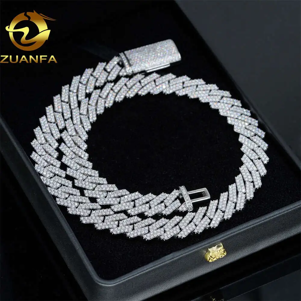 

Zuanfa Jewelry Hip Hop Iced Out Miami Cuban Link 13mm 2 Rows Solid Gold Plated 925 Silver Vvs Moissanite Cuban Chain