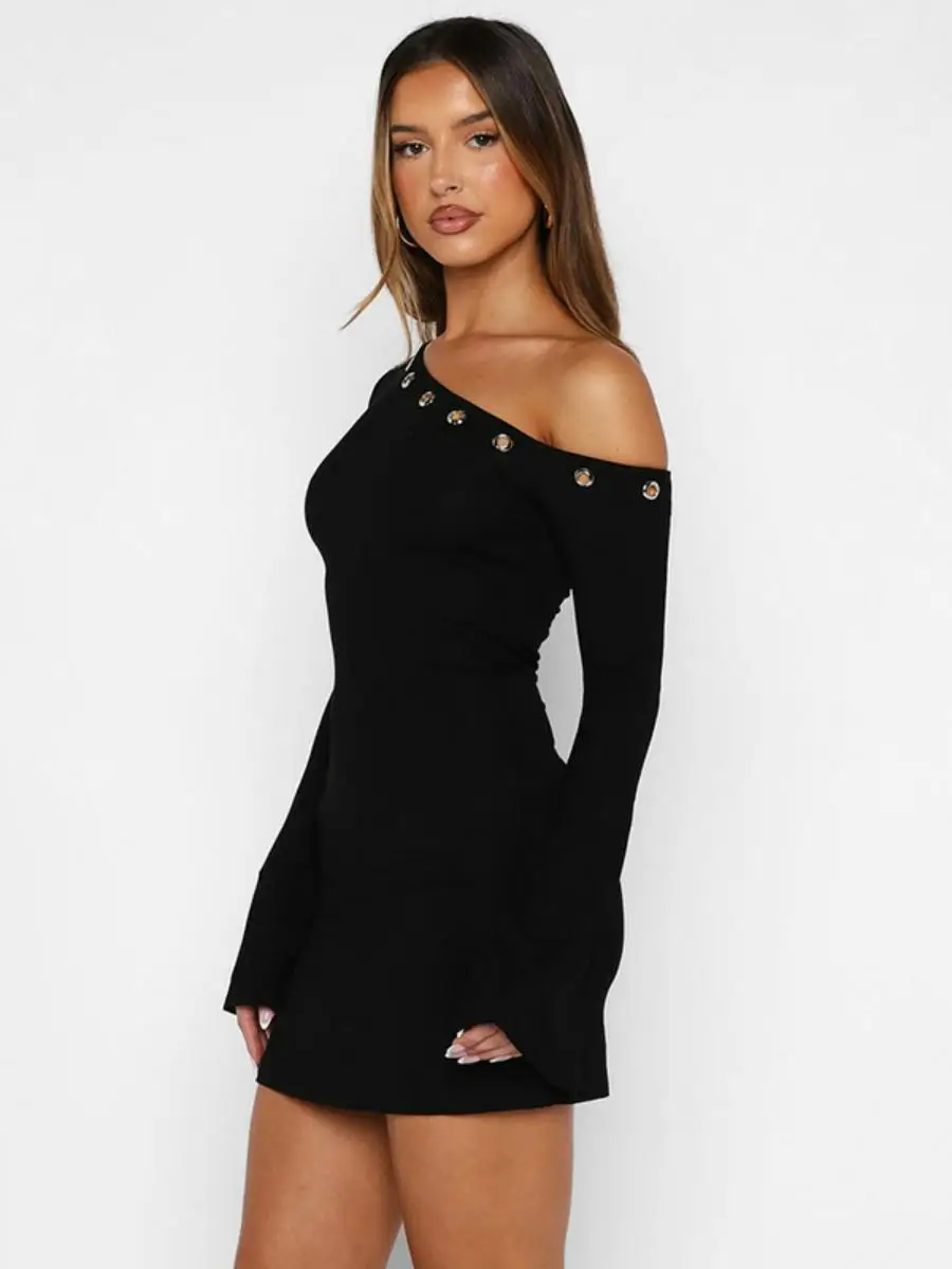 Oulder Bared Long Sve Hollow out Collar inclinado Dr para mujer Otoño Invierno Color puro A-Line Midi Dr pieza única