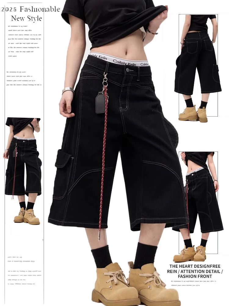 

Retro American Design Loose Black Denim Seven-Foot Pants Women Summer Trendy Brand High Waist Wide Leg Pants Asymmetrical Shorts