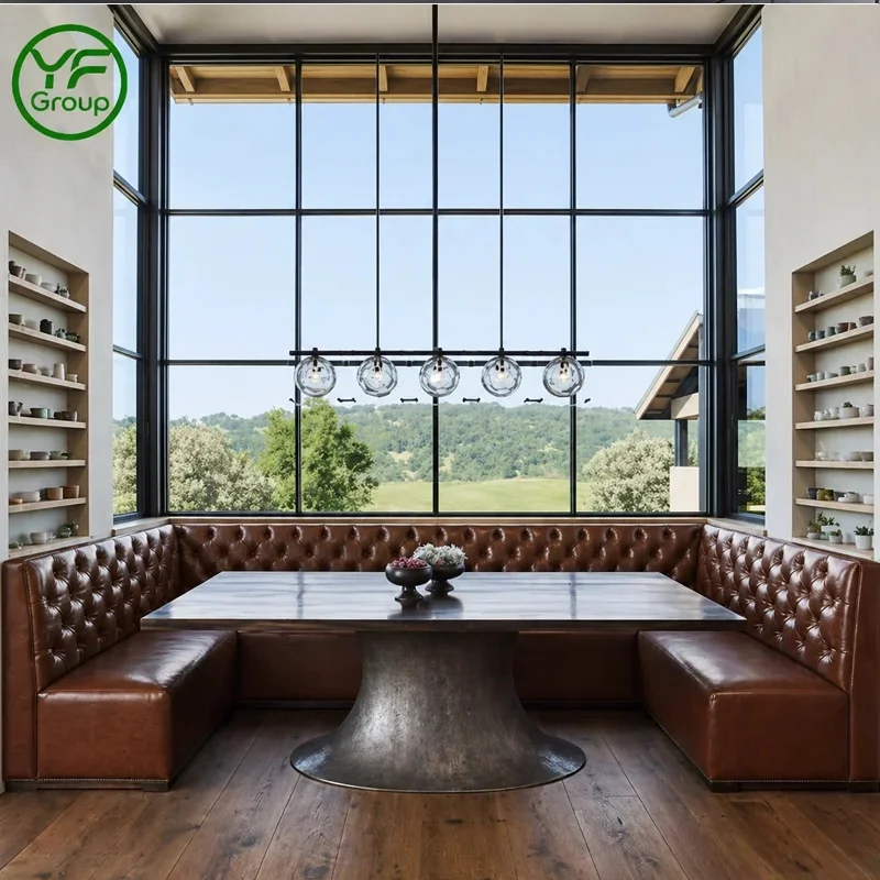 Direct Factory Sale Vintage Half Round Leather Booth Restaurant Wooden Table and Chair Set for Cafe bar