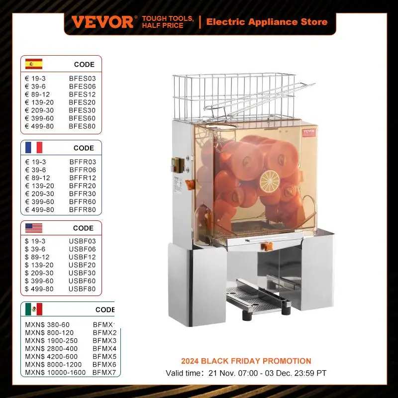 VEVOR Commercial Orange Juicer Machine Automatic Juice Extractor Stainless Steel Orange Squeezer  with Pull-Out Filter Box ﻿