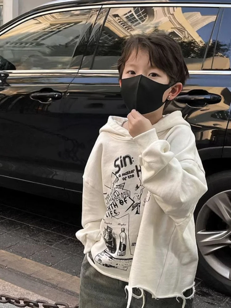 2026 Autumn Boys Hoodie Long Sleeve Ripped Print Sweatshirt Kids Fashion Streetwear Casual Pullover Top