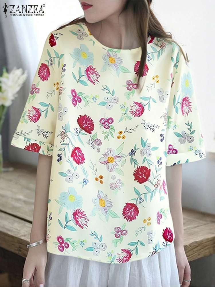 ZANZEA Women Blouses Vintage Floral Printing Shirts 2025 Summer Half Sleeve Casual Holiday Tops Tunic Loose Blusas Oversized