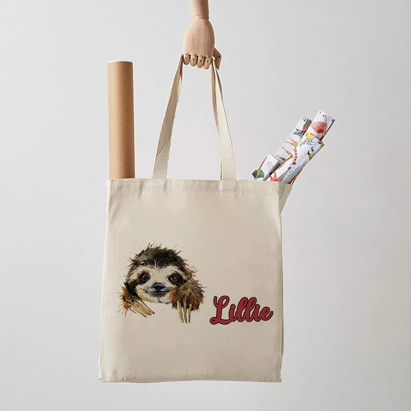 Custom Name Sloth Pattern Canvas Tote Bag Sloth Lover Gift Personalized Reusable Shopping Bag Women Shoulder Bag Handbag Trend