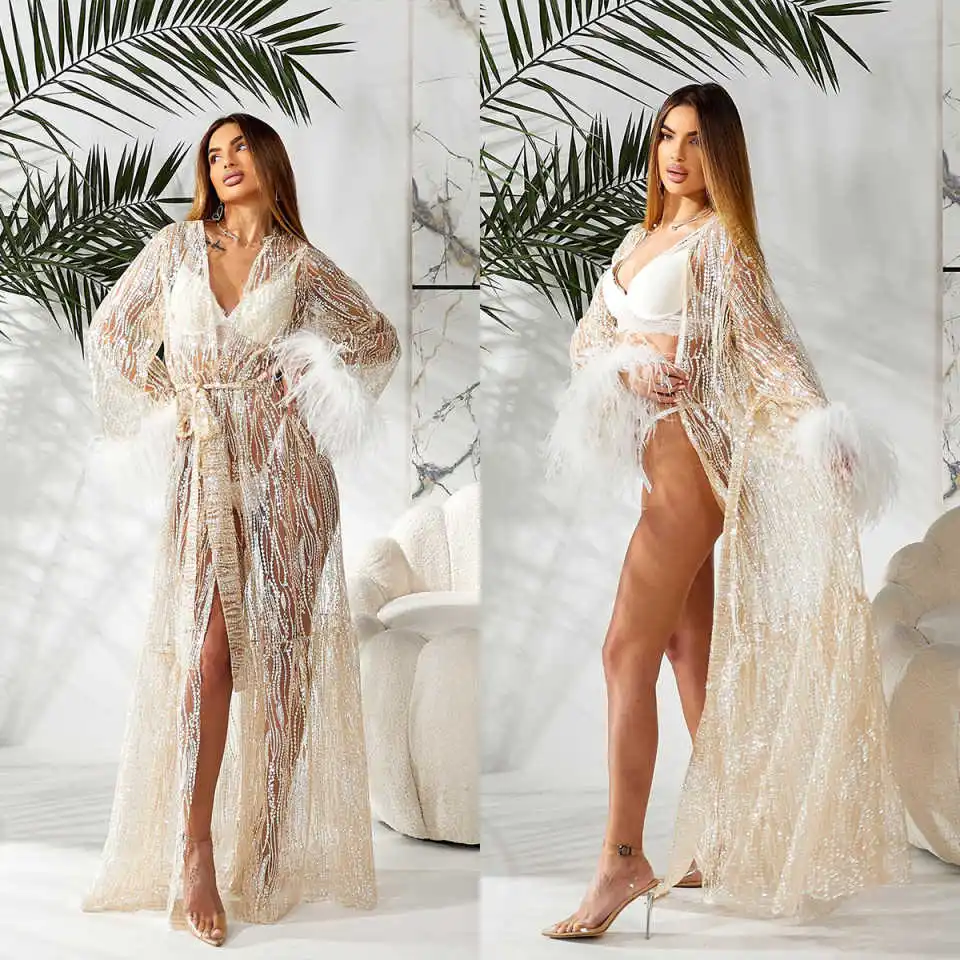 

Sparkling Women Nightgown Pajamas Beads Crystals Long Sleeve Bridal Wedding Bathrobe for Photography Custom Made