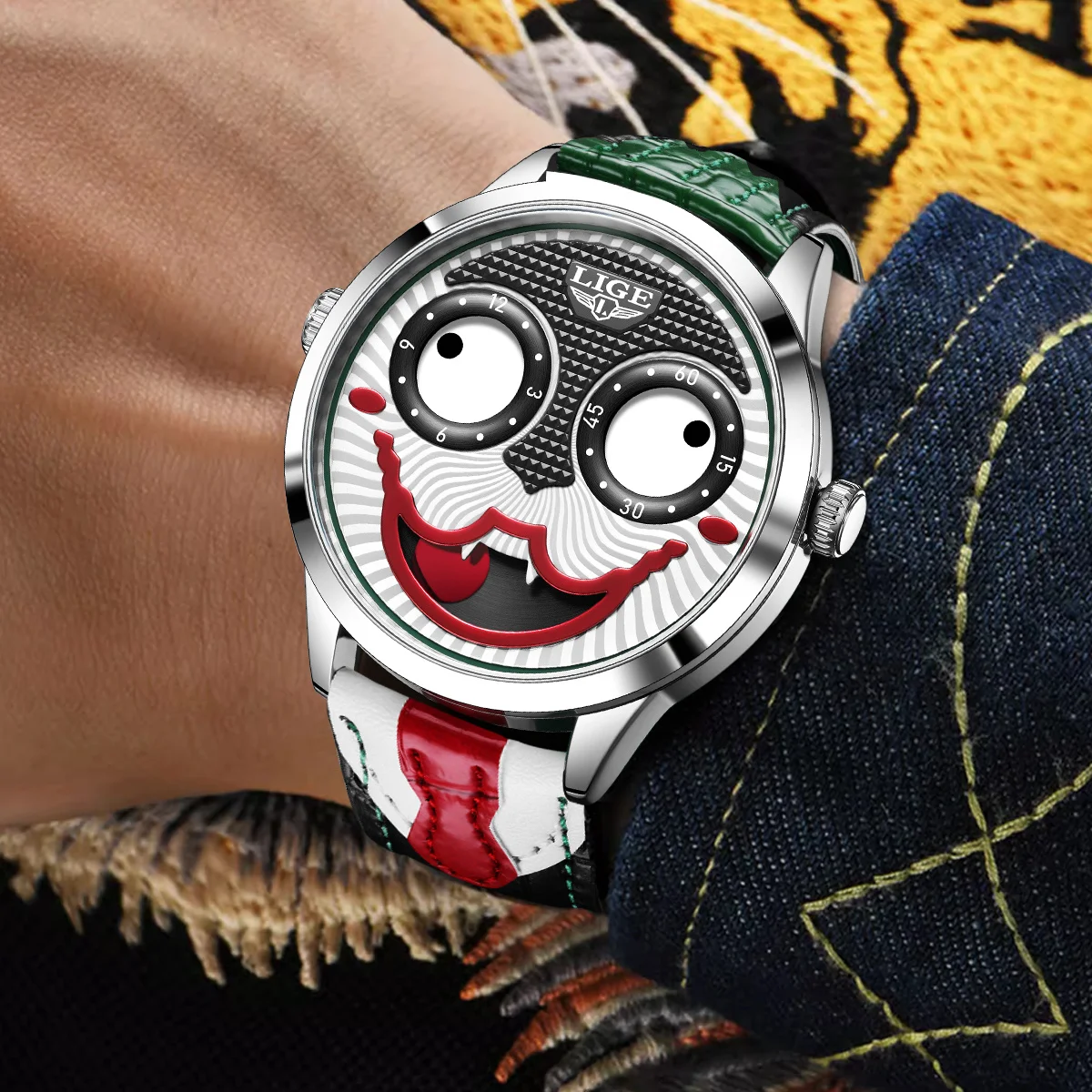 LIGE New Creative Clown Watches For Men Luxury Top Brand Leather Waterproof Men's Quartz Wristwatch Fashion Cool Joker Watch Men