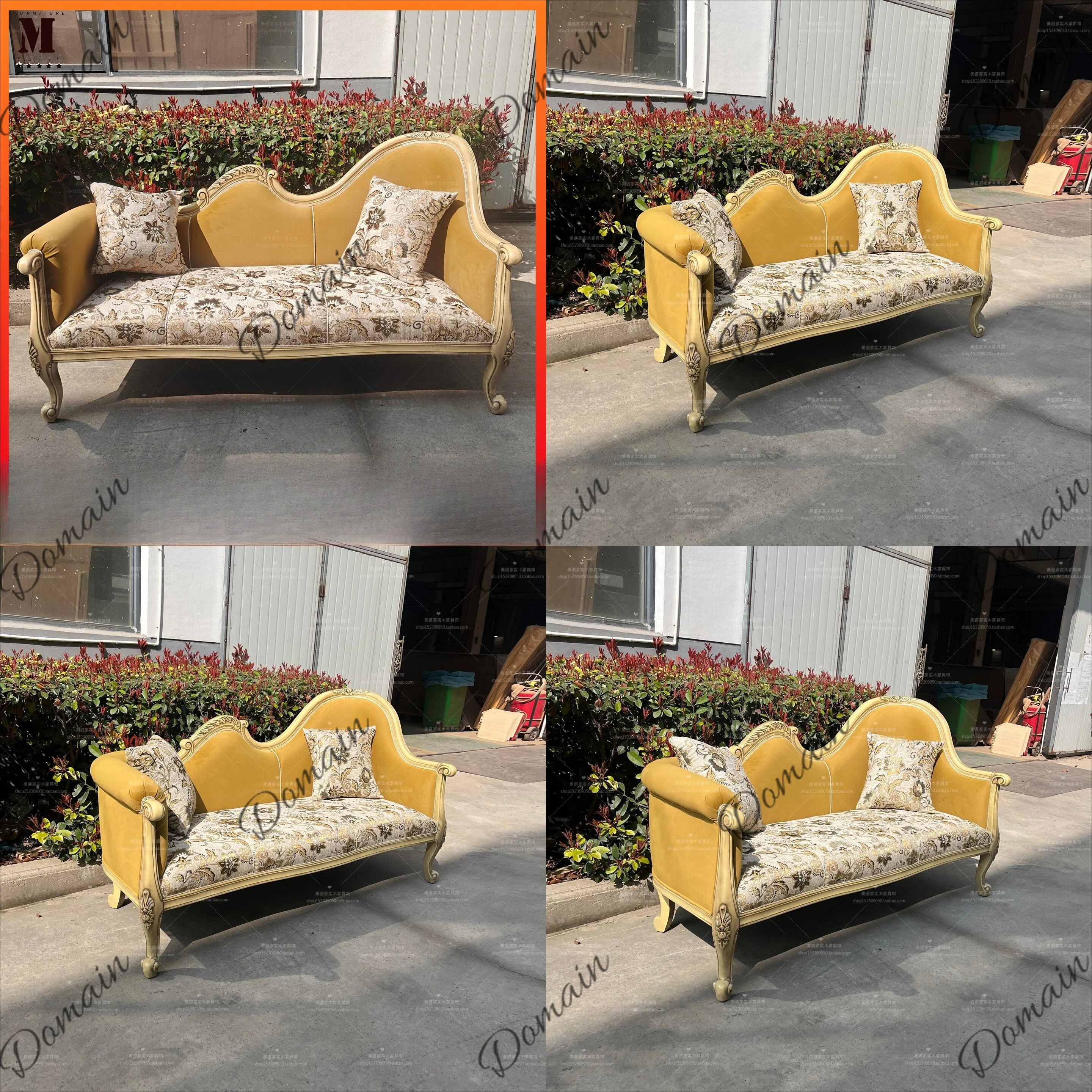 French Vintage Carved Solid Wood Chaise Lounge Daybed for Living Room, European Yellow Bed End Sofa Couch for Photography