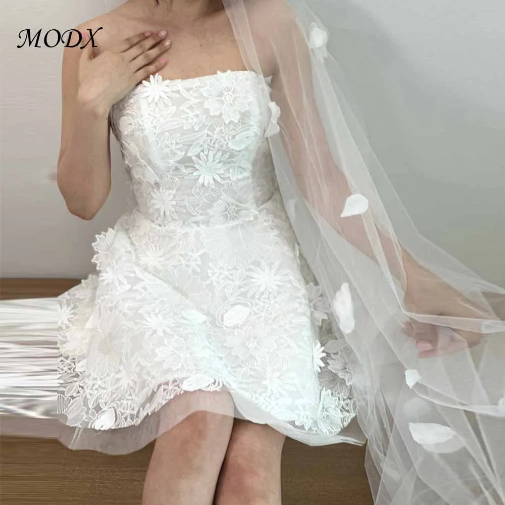 

Короткое свадебное платье MODX без бретелек с цветочной кружевной вышивкой, мини-свадебное платье трапециевидной формы на заказ, милая элегантная фотосессия