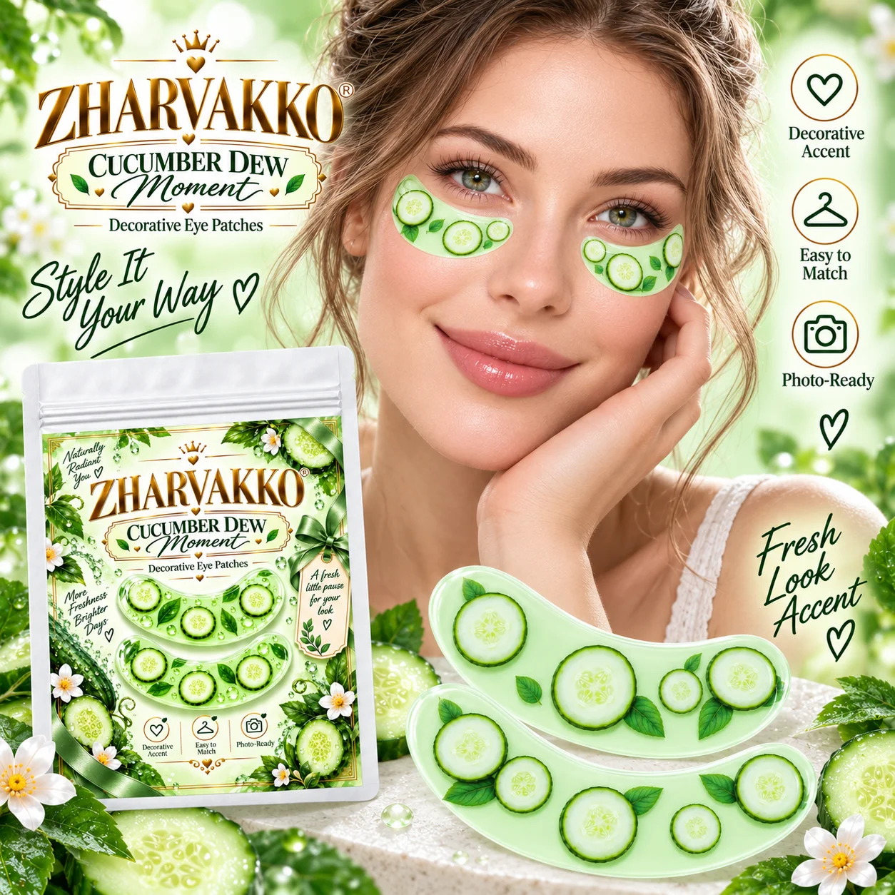 4/8pcs Cucumber Slice Decorative Eye Patches, Glossy-Look Botanical Prints, Fresh Green Aesthetic for Picnics & Selfies