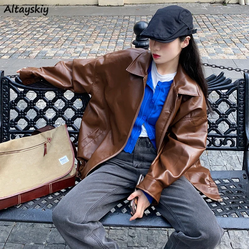 Jackets Women BF Style Unisex PU Fashion Baggy Hipster Outwear Couple Autumn All-match Solid Vintage Casual Minimalist Ulzzang