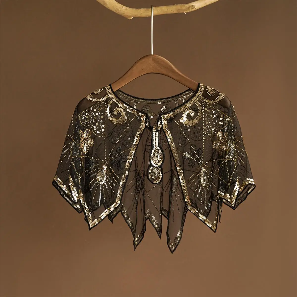 1920er Jahre Transparenter Spitzen-Flapper-Schal Eleganter Vintage Glitzernder Perlen-Pailletten-Umhang Boho Abendkleid Damen-Oberbekleidung Schal – Detail 7