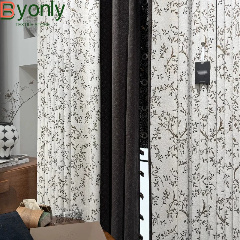 Off White Stitching Embroidery Pattern Chenille Double-layer Blackout Curtains for Living Room Bedroom French Window Customized
