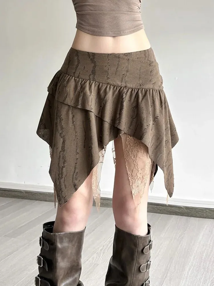 

Сексуальная юбка в стиле Y2K для женщин, винтажная асимметричная мини-юбка с высокой талией в стиле Харадзюку, летняя юбка в стиле хип-хоп с американским кружевным пэчворком