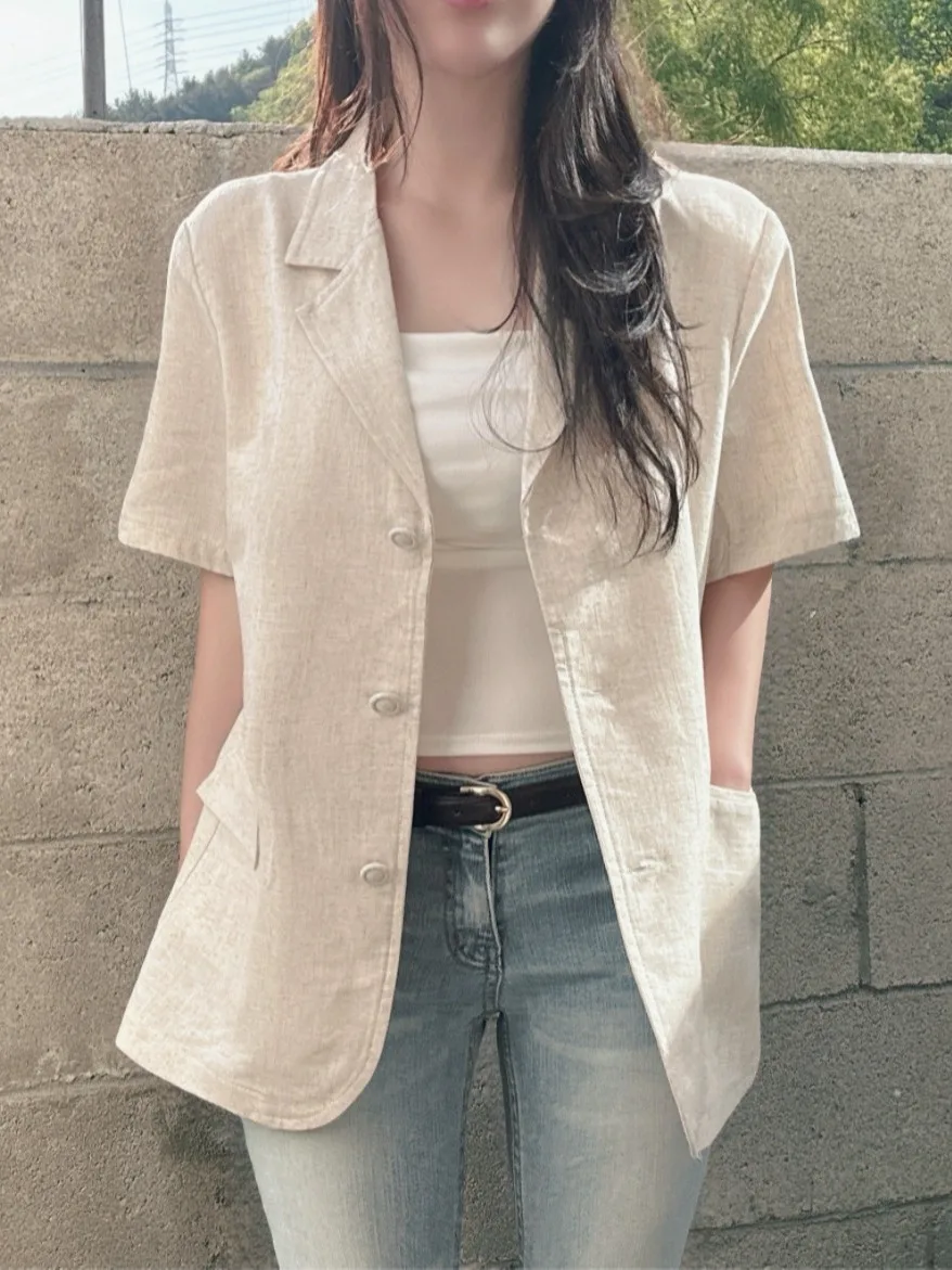 Fashionable Short Sleeve Women's  Jacket Thin Loose Design High-End Feel Casual Wear Double Slit Regular Fit Pure Color