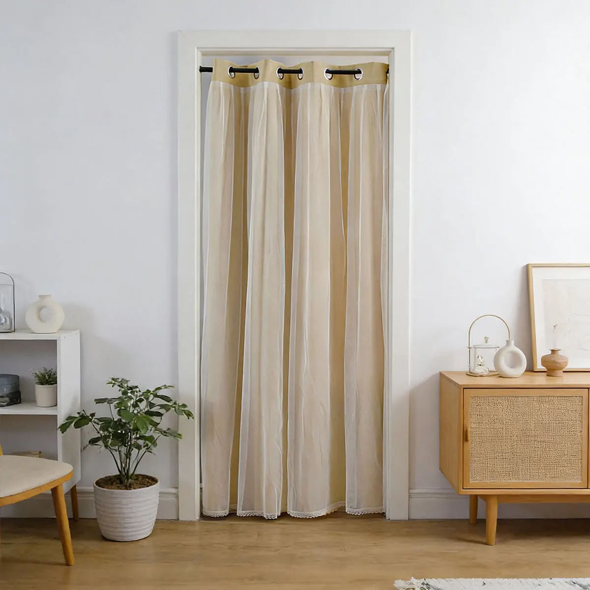 Beige Double‑Layer Grommet Door Curtain 1pc, Sheer Overlay Doorway Drape, Neutral Privacy Room Divider for Home Entrance