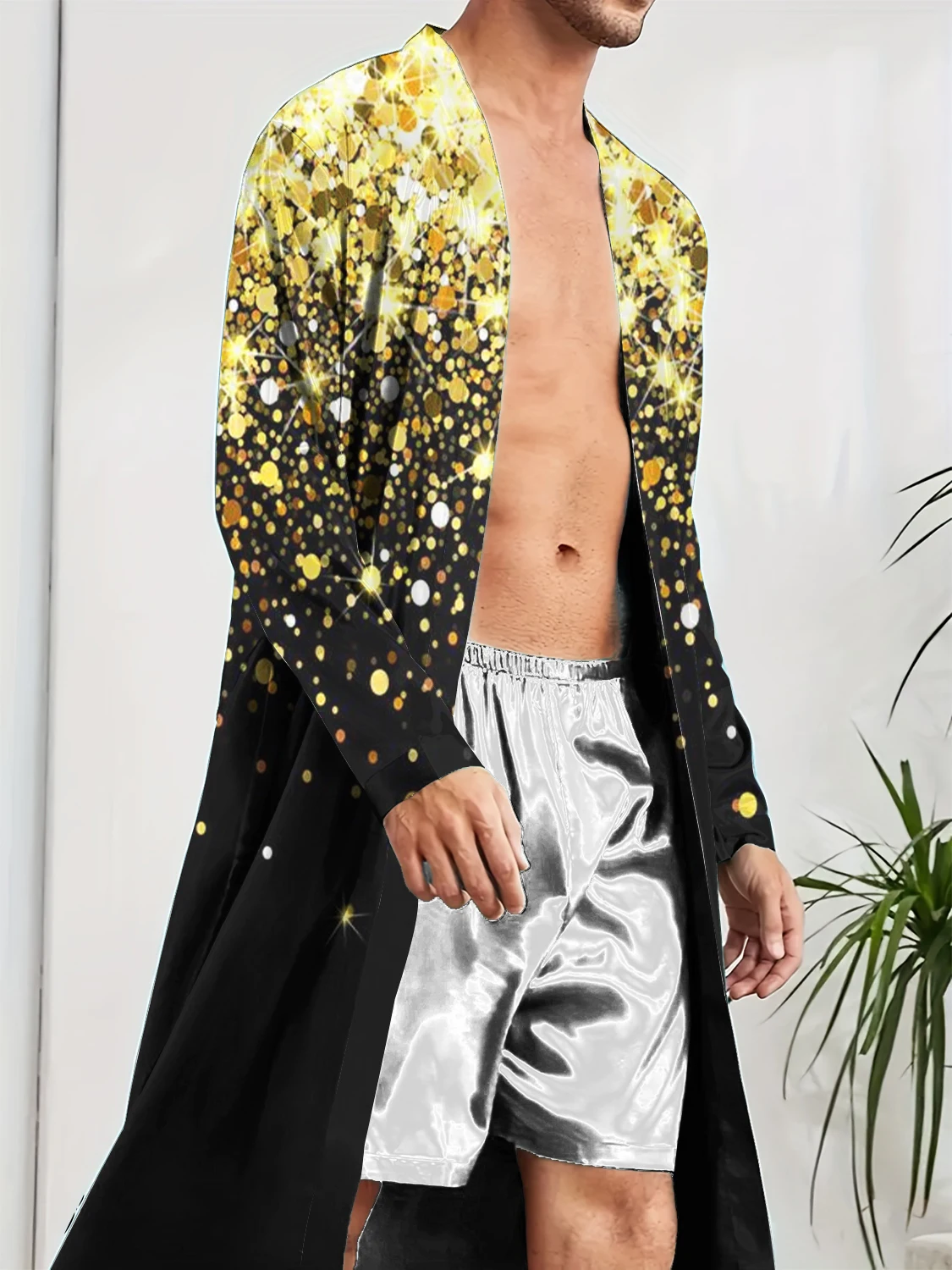 

Men's Bathrobe with Digital Printed Gold Shimmering Elements,casual Robe for Spring Autumn Men,trend for Home Wear,quick Drying.