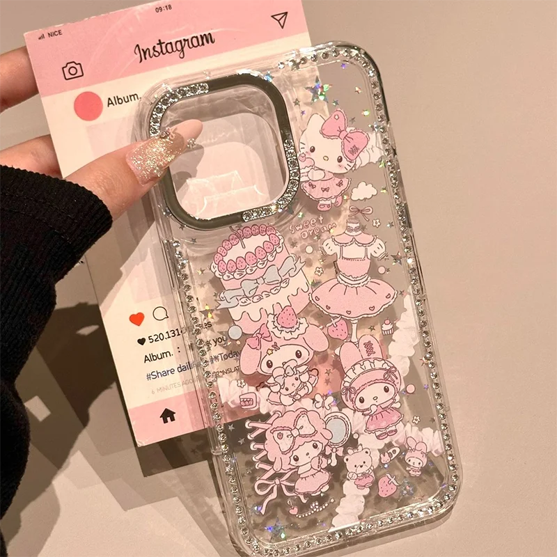 メロディレースペンダントフラッシュダイヤモンドフレーム電話ケース Iphone 16 15 14 プロ 13 12 11 プロマックスケース電話ソフトケース抗ドロップ