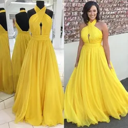 Yellow Chiffon Bridesmaid Party Dresses Sexy Sleeveless Floor Length Halter Neck Backless Prom Evening Guest Gowns Maid Of Honor