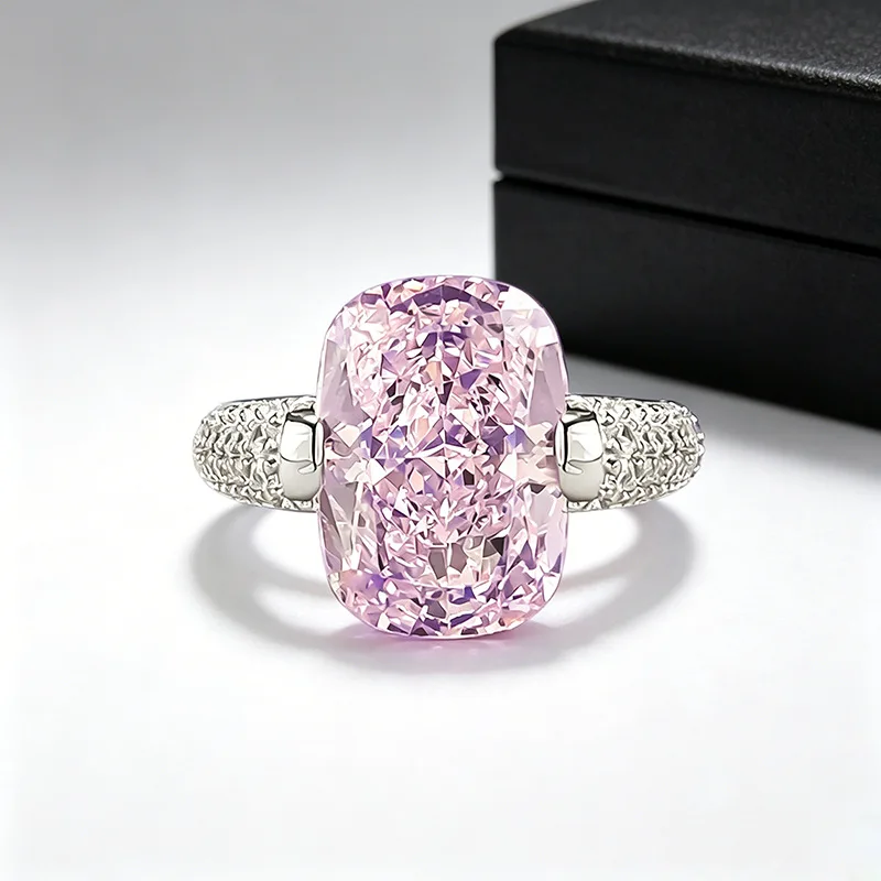 Women 10*14mm Cushion Ice Flower Cut Pink Stone Ring 925 Sterling Silver Full Micro Pave Shank Big Gem Cocktail Wedding Ring