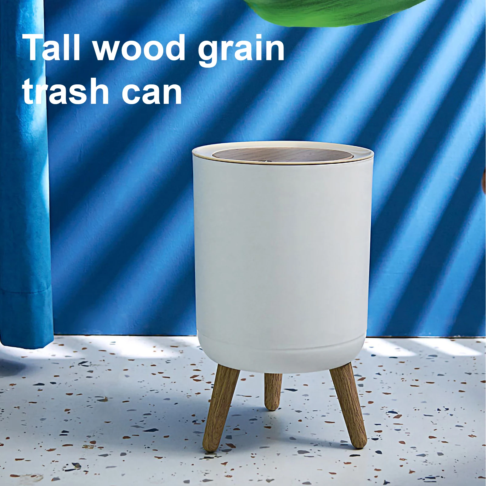 Trash Can with Lid High Foot Press Dustbin Kitchen Garbage Container Toilet Garbage Can Press Cover Wooden Grain Foot Waste Bin