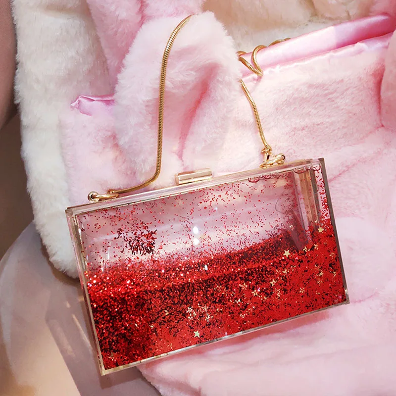 INS Red Sequined Transparent Clutch Women Pvc Box Bag Women Party Evening Purse Shoulder Bags Hard Day Clutches Bags Wedding New