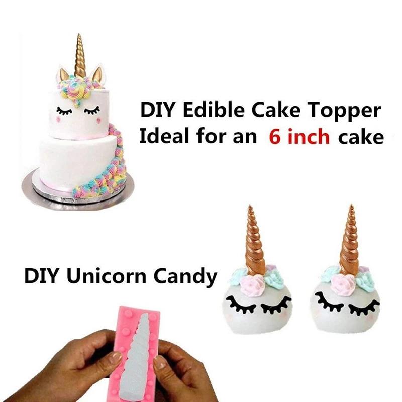 誕生日ケーキの装飾、3D、ホーン、耳、まつげ、シリコン金、カップケーキ、トッパー、チョコレート、キッチンツール用のユニコーンフォンダンモールドセット