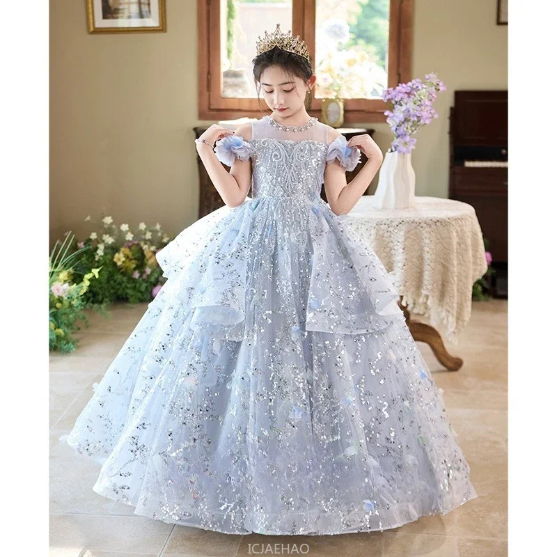 Dress For Kids Girls Of Honor Party Clothes Children Blue Girls Evening Gown Costume Pageant Dresses Birthday Princess Outfit