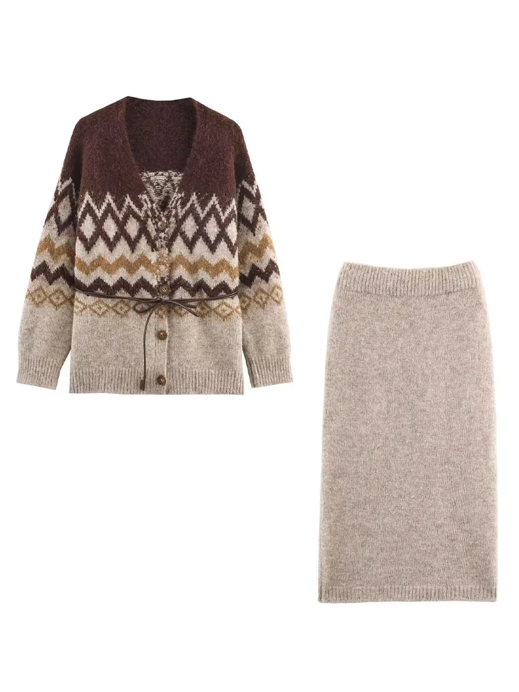 

HH весенне-осенняя женская юбка из 2 предметов с v-образным вырезом и поясом, однобортное вязаное пальто с длинными рукавами + юбка-миди с эластичной резинкой на талии