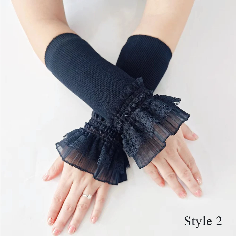 Y2K Women Lolita Jk Lace Sleeves Elastic Mesh Punk Gloves Gothic Black White Sexy Strapping Sunscreen Sleeve Elastic Arm Warmers