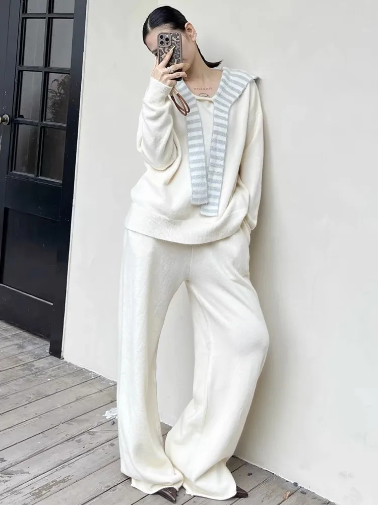 Knitted Autumn 2 Two Piece Set Women Casual Long Sleeve Fashion Ladies Blouses Korean Style Loose Pleated Woman Wide Leg Pant