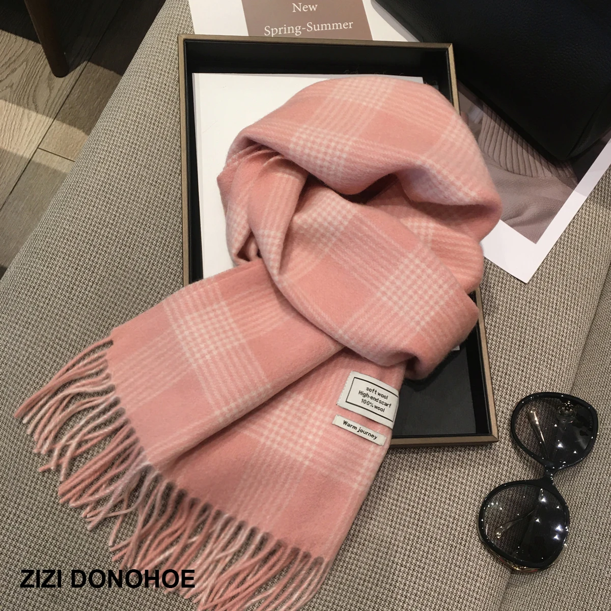 Echarpe-en-laine-pure-pour-femme-vetement-d'exterieur-polyvalent-a-carreaux-avec-pompons-coreen-attelage-chaud-long-rectangulaire-singe-hiver