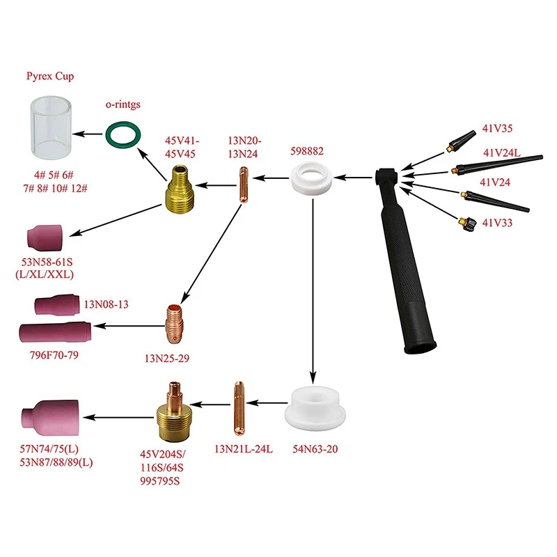 TIG Gas Lens Collet Body 45V42 13N21 & Cup 5 598882 Assorted Size Kit for DB SR WP 9 20 25 TIG Welding Torch 9Pcs